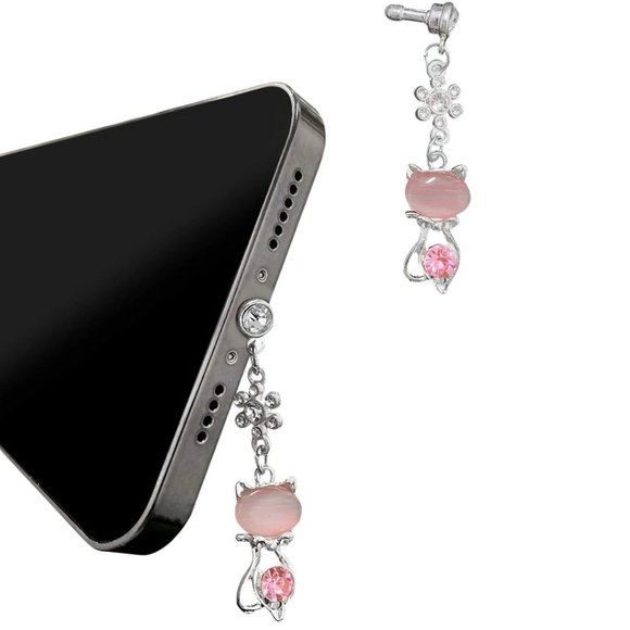 Cell Phone Dust Plug Charm 3.5 mm Plug Crystal Flower Pink Stone Cat - Picture 1 of 4